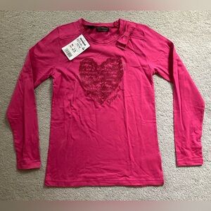 NWT Desigual Girls Pink Long Sleeve T Shirt Size 13/14 Heart and Bow